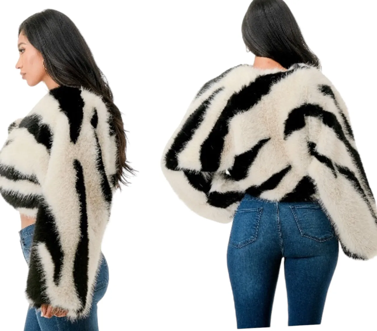 Faux Fur Plus Size Zebra Print Cropped Jacket