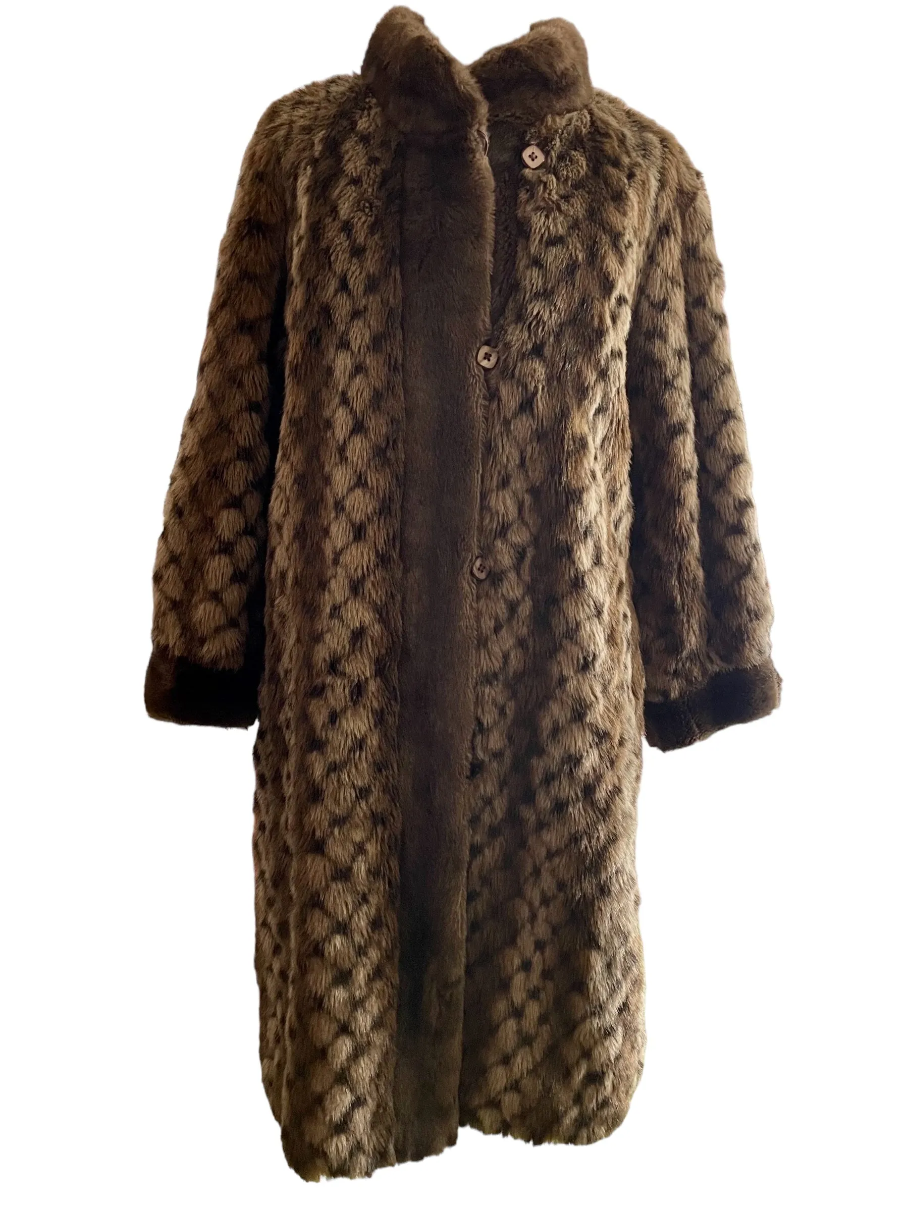 Faux Geometric Pattern Fur Coat