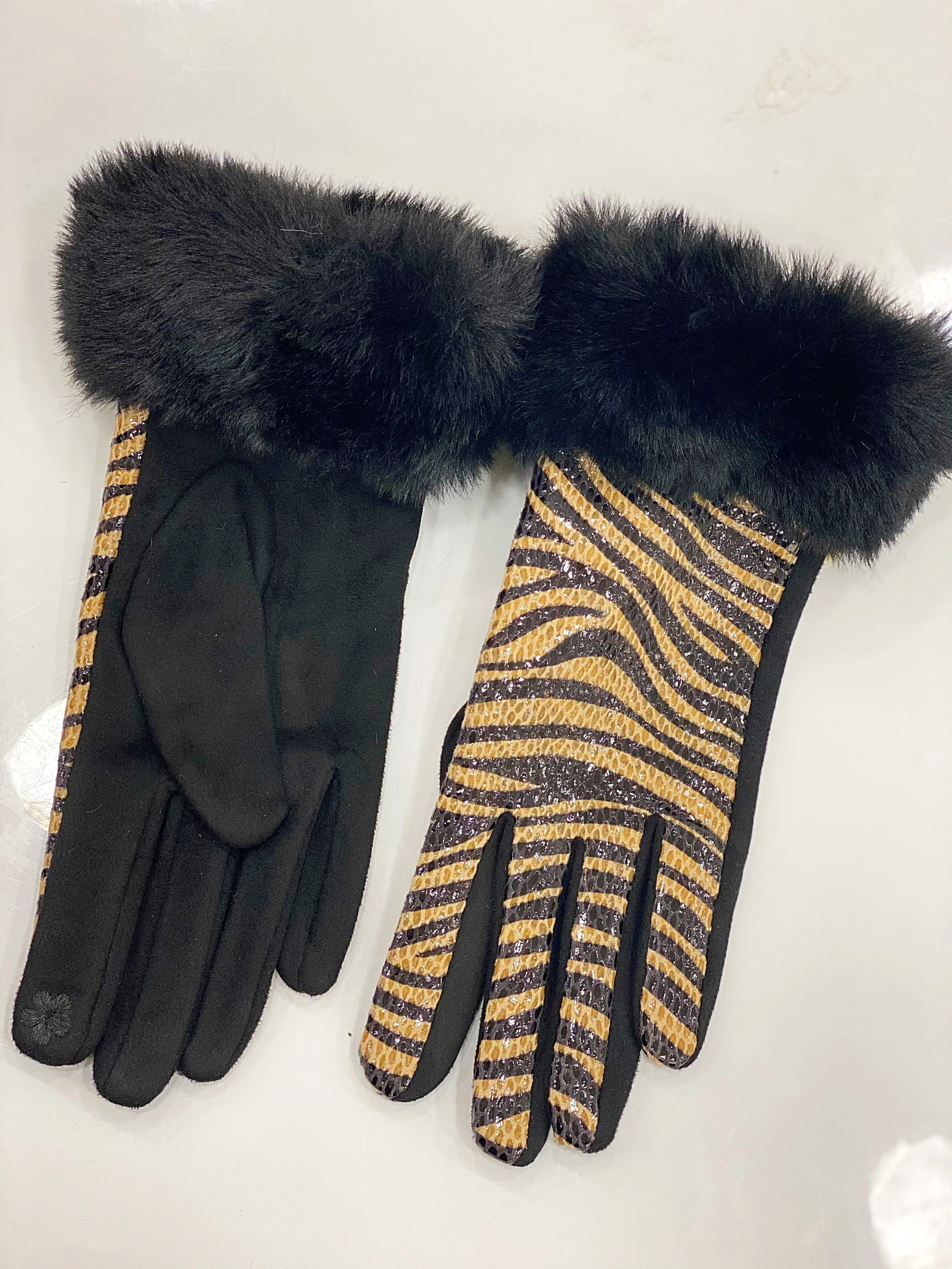 Faux Suede Gloves with Faux Fur Trim