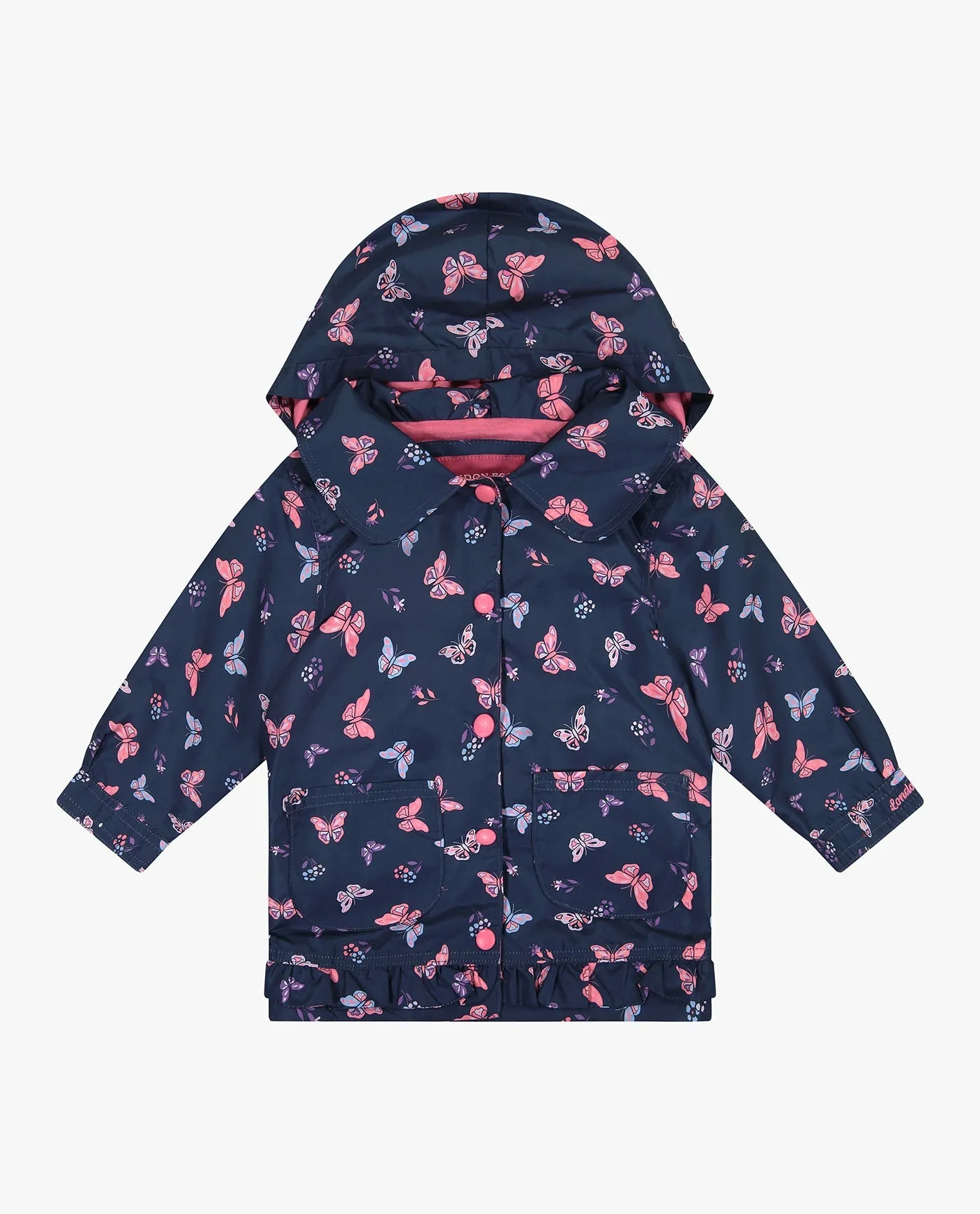 GIRLS PRINTED COLLARED SNAP FRONT RAINCOAT WITH HOOD