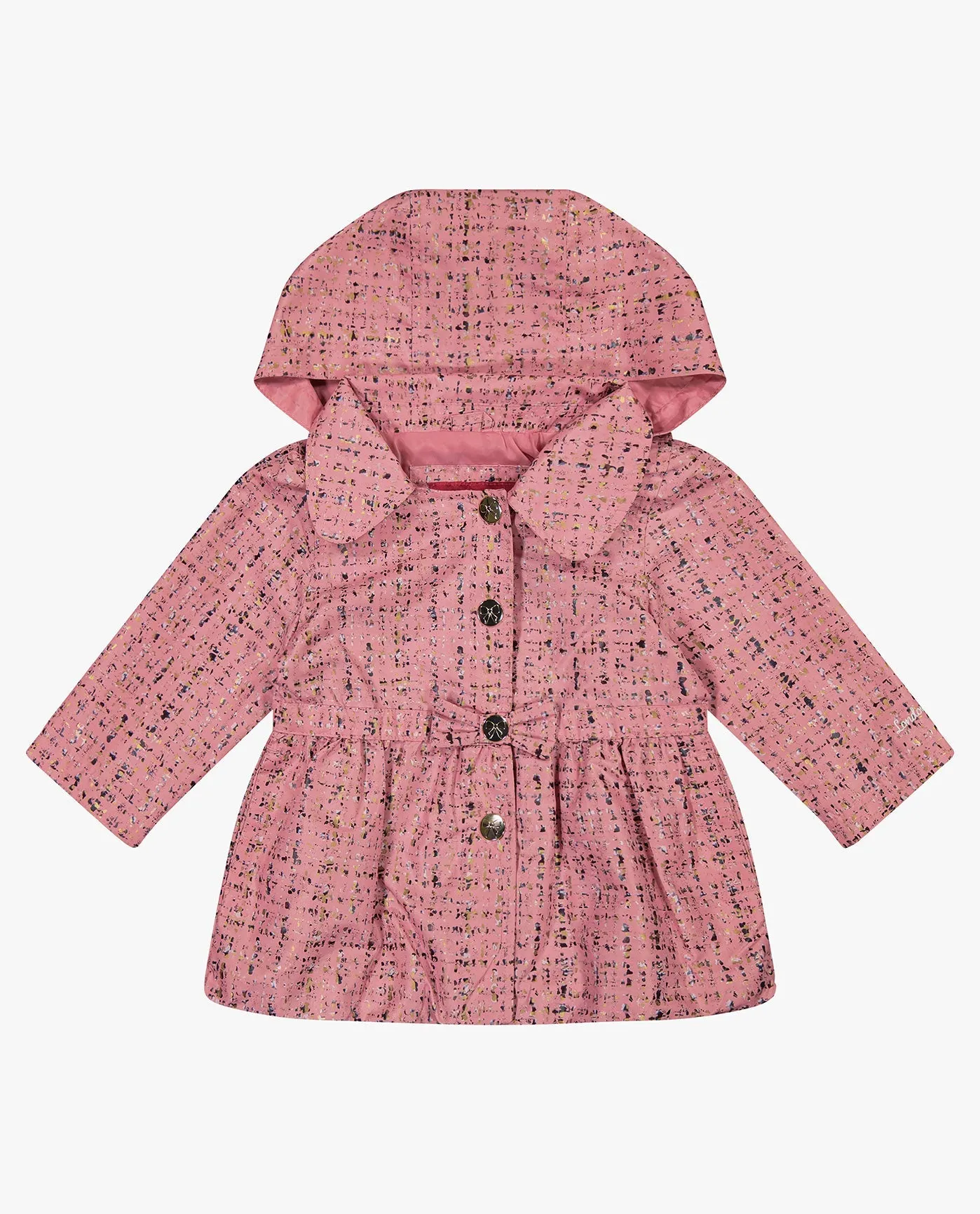 GIRLS PRINTED SNAP FRONT COLLARED HOODED RAINCOAT WITH BOW