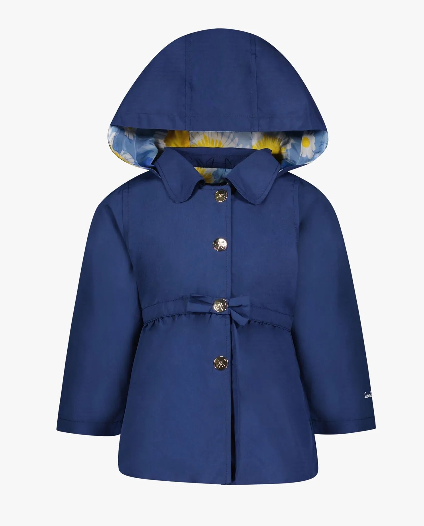 GIRLS SOLID SNAP FRONT COLLARED HOODED RAINCOAT WITH BOW