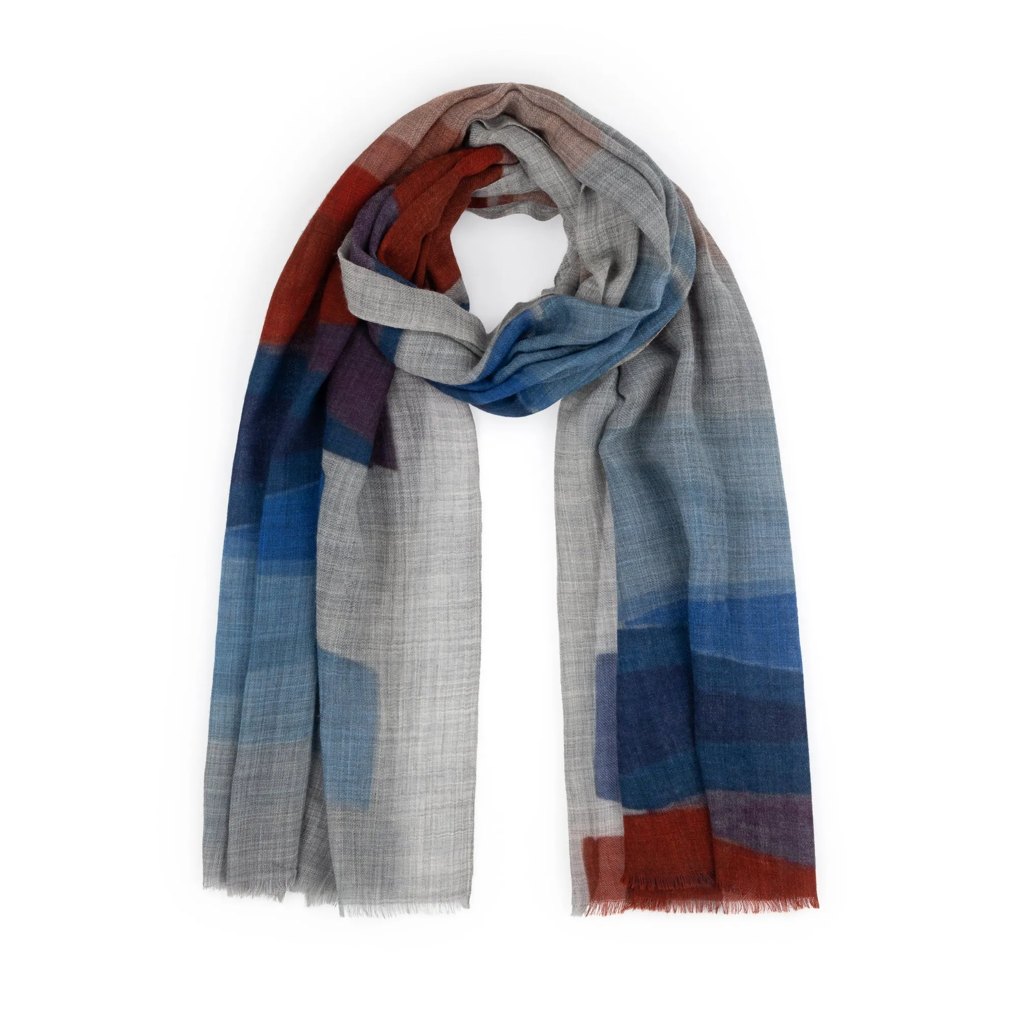 Grey, Royal Blue & Red Ribbon Wool Scarf