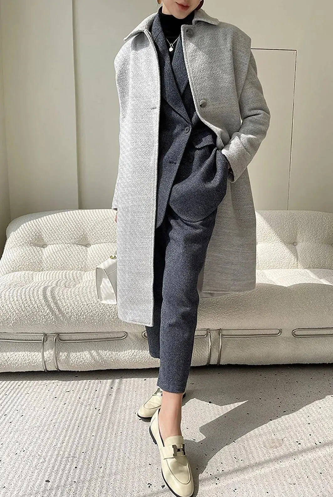 Grey Single Breasted Wool Blend Midi Coat