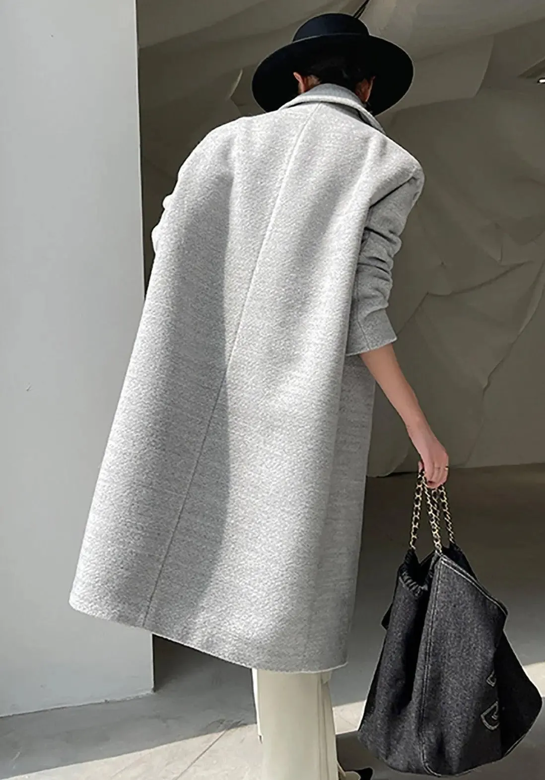 Grey Single Breasted Wool Blend Midi Coat