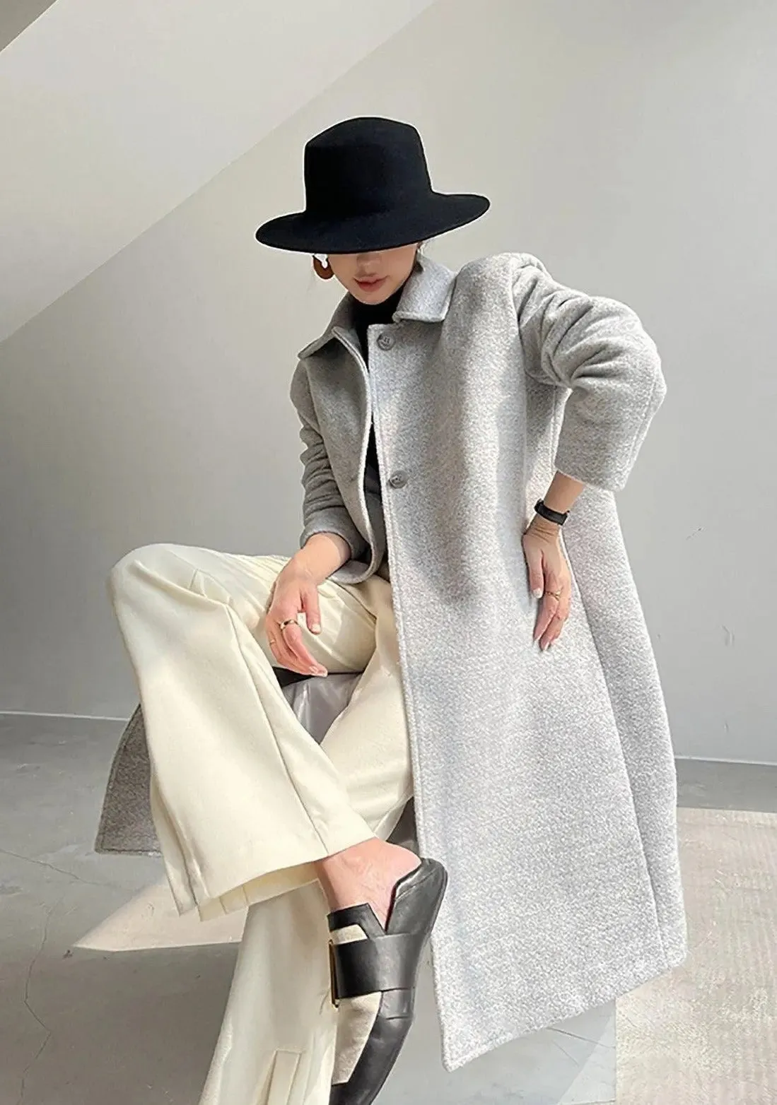 Grey Single Breasted Wool Blend Midi Coat