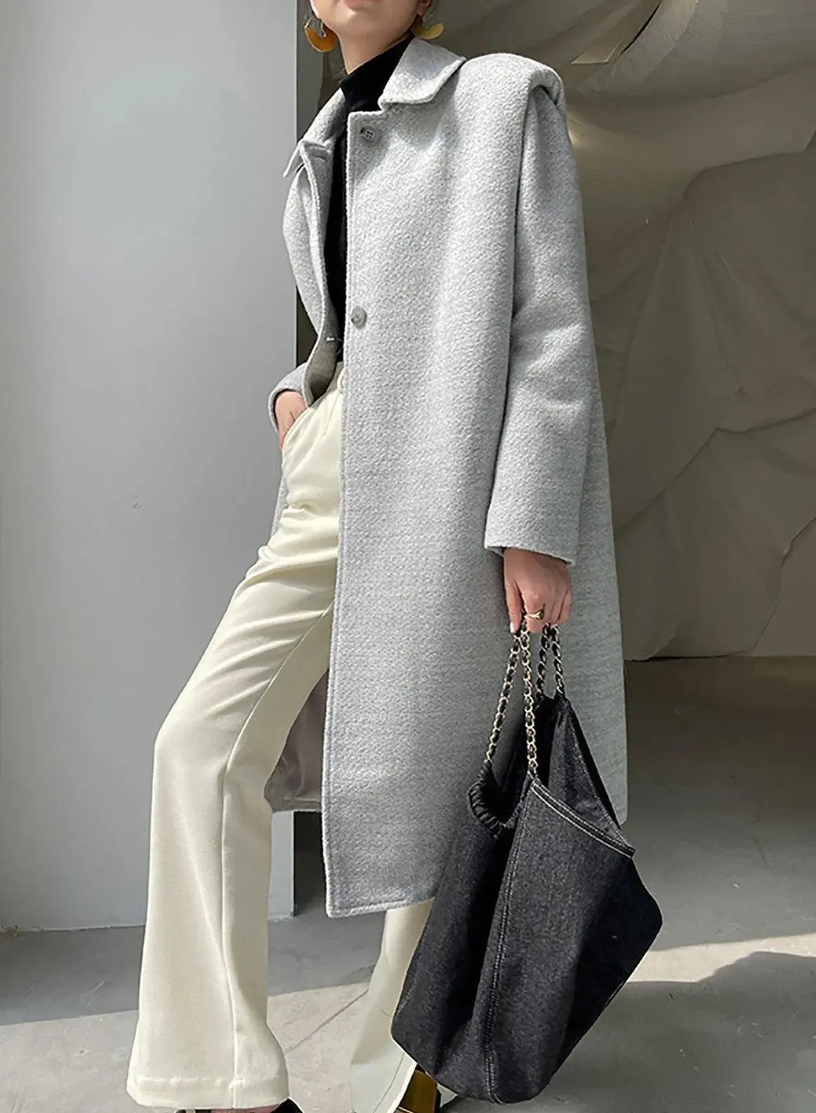 Grey Single Breasted Wool Blend Midi Coat