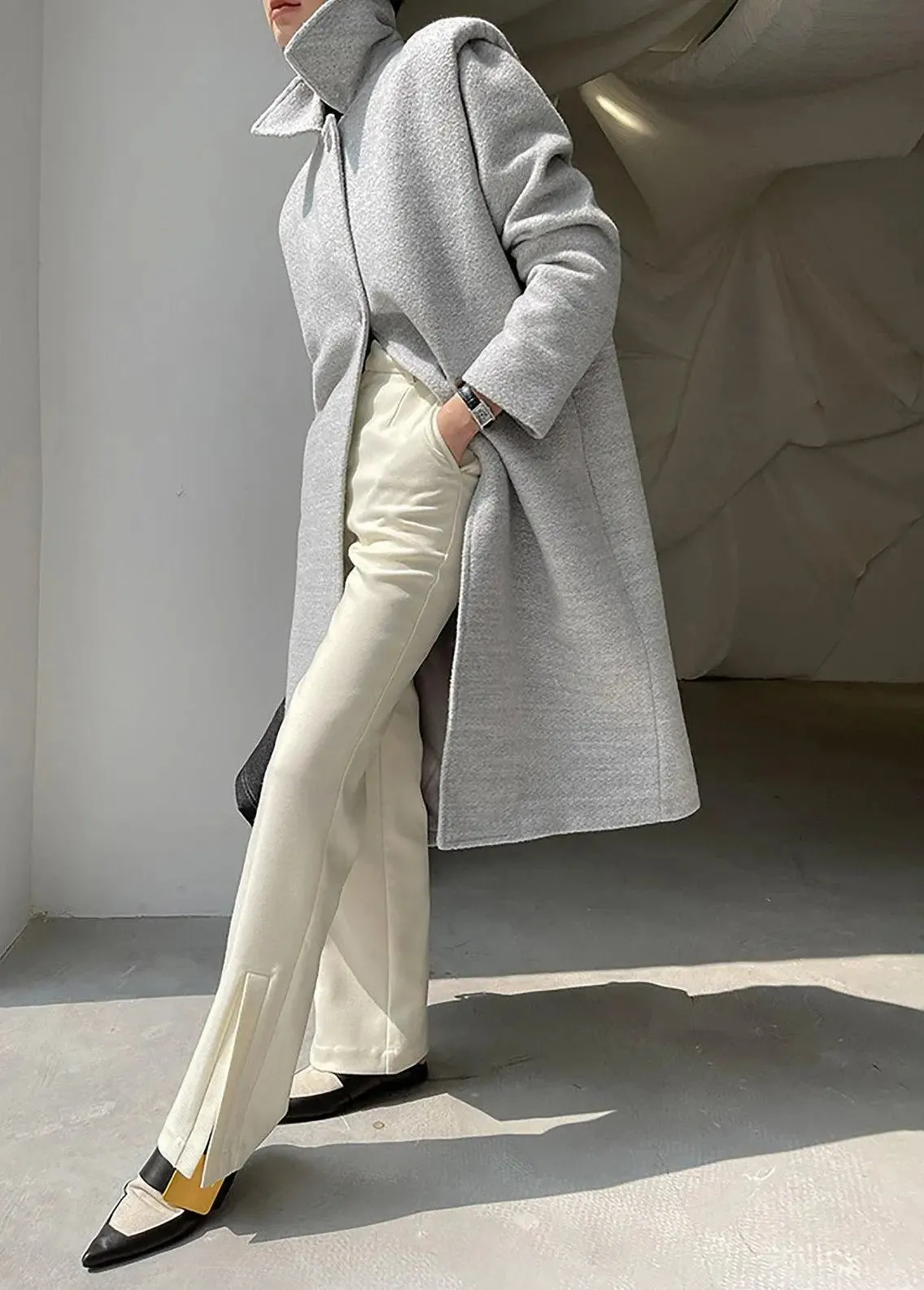 Grey Single Breasted Wool Blend Midi Coat