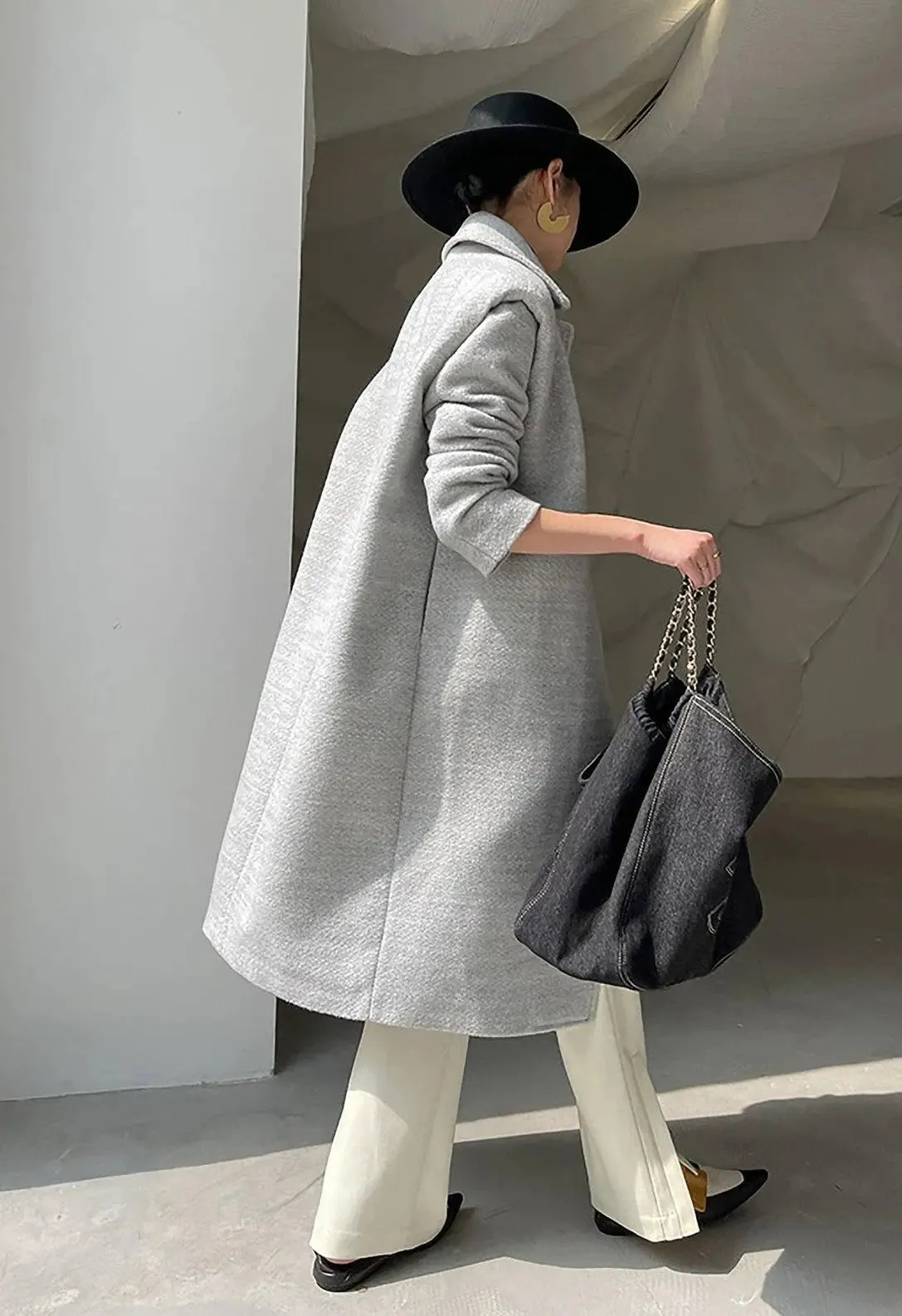 Grey Single Breasted Wool Blend Midi Coat