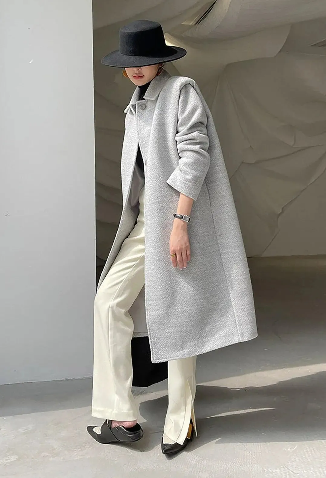 Grey Single Breasted Wool Blend Midi Coat