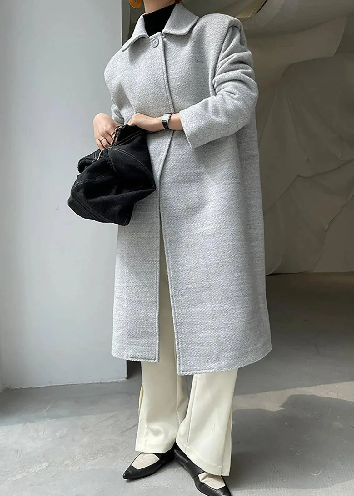 Grey Single Breasted Wool Blend Midi Coat