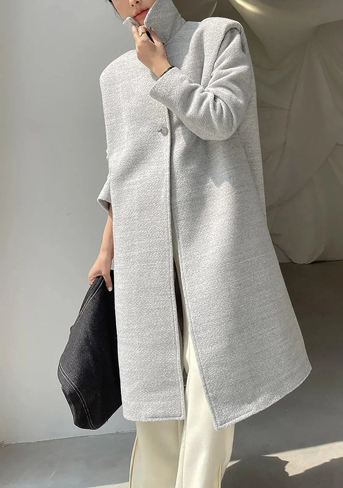 Grey Single Breasted Wool Blend Midi Coat