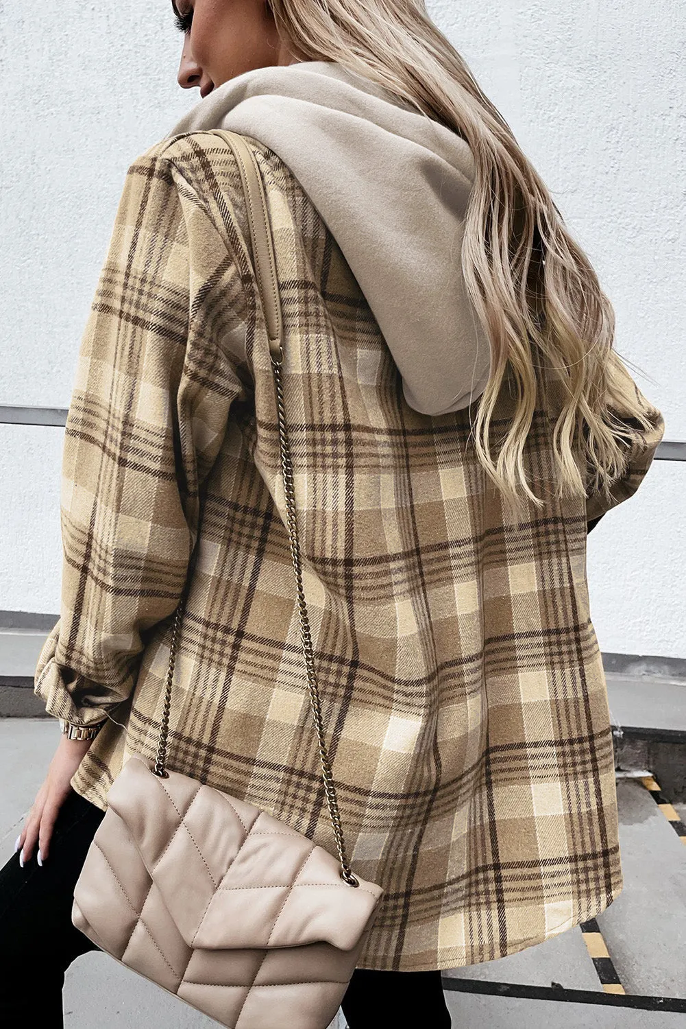 Hooded Shirt for Women Khaki Plaid Shirt Hooded Coat