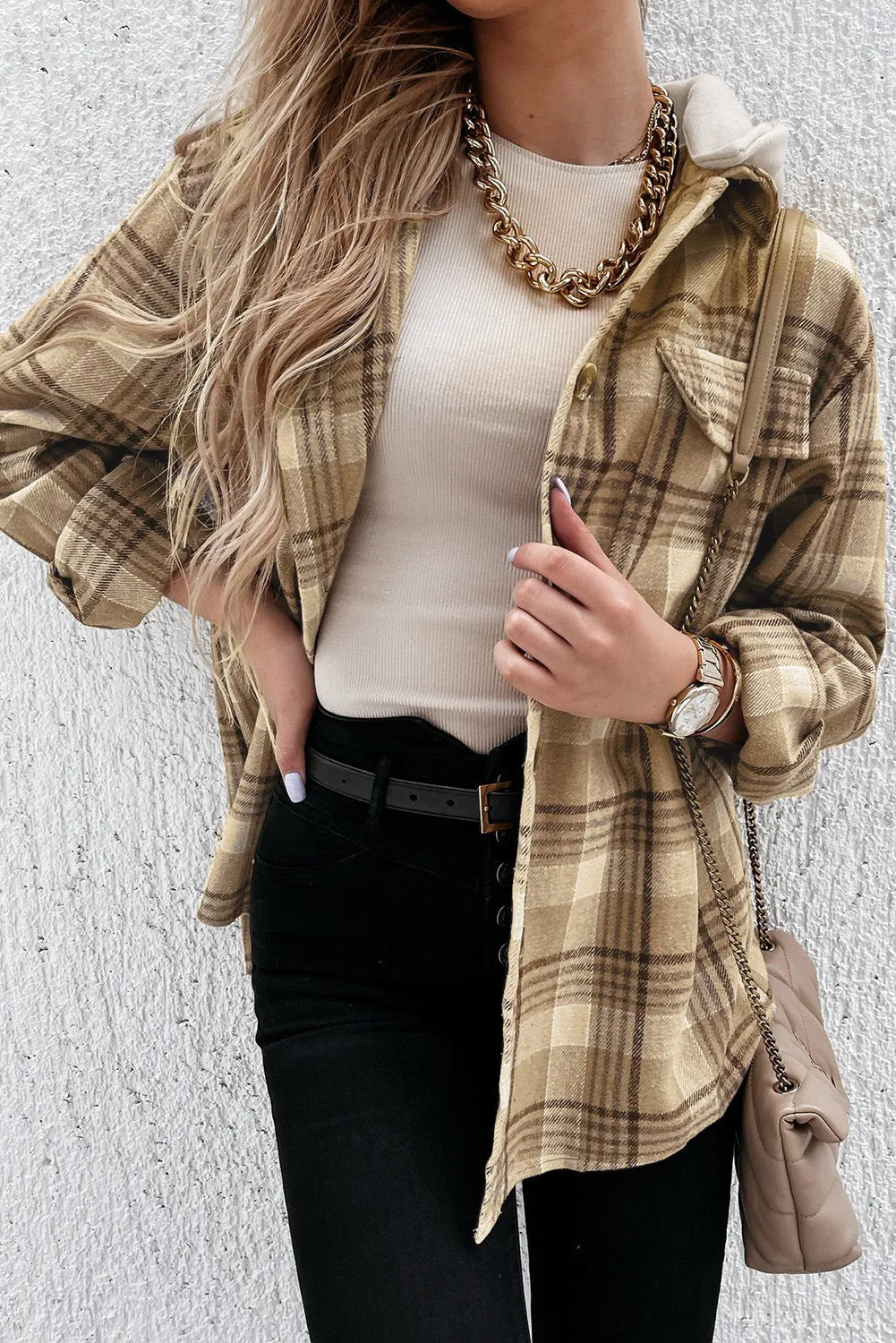 Hooded Shirt for Women Khaki Plaid Shirt Hooded Coat