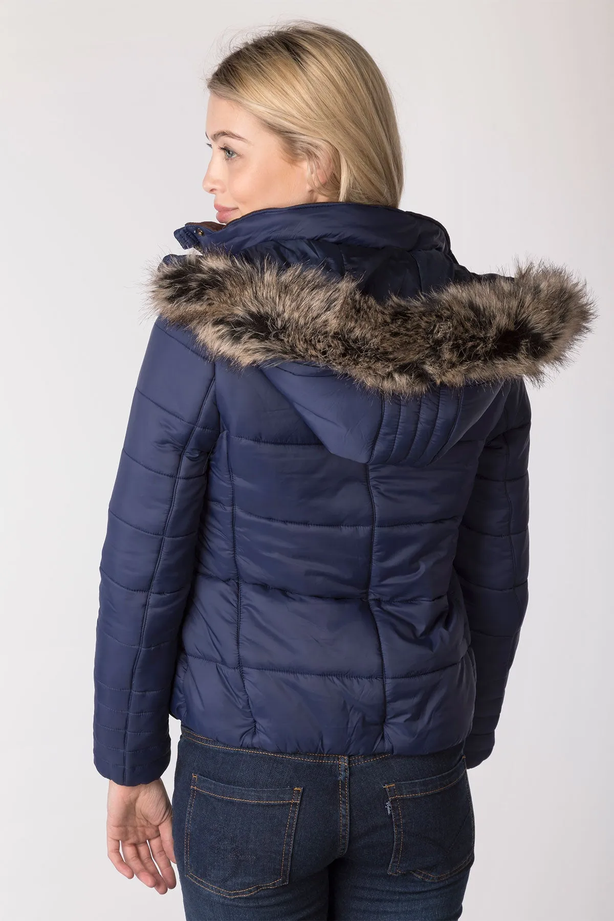 Ladies Short Fur Trim Coat - Arram