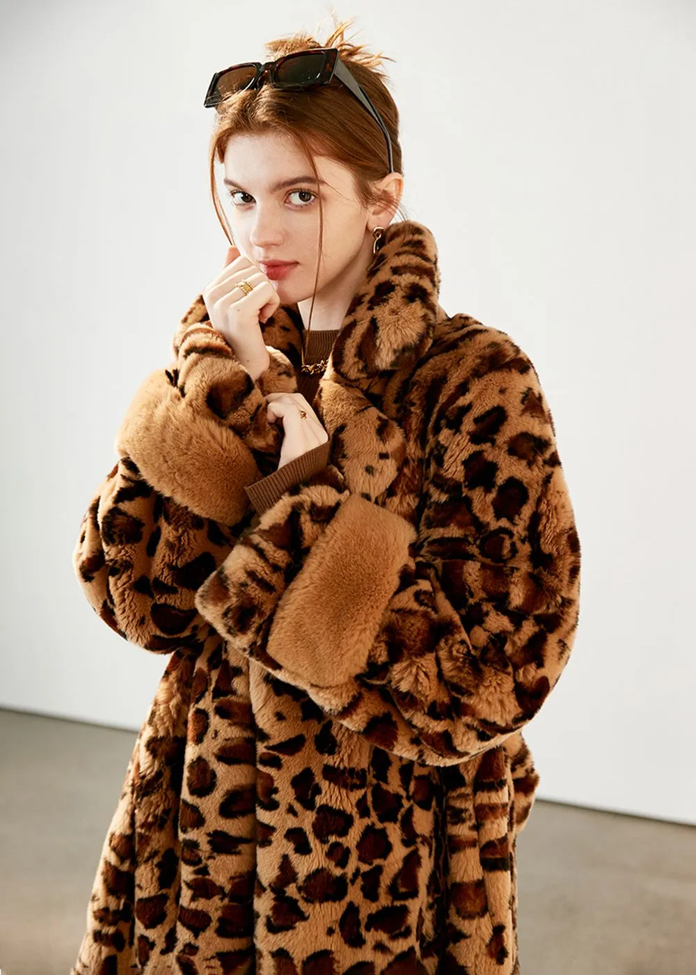 Leopard Belted Rex Rabbit Fur Coat