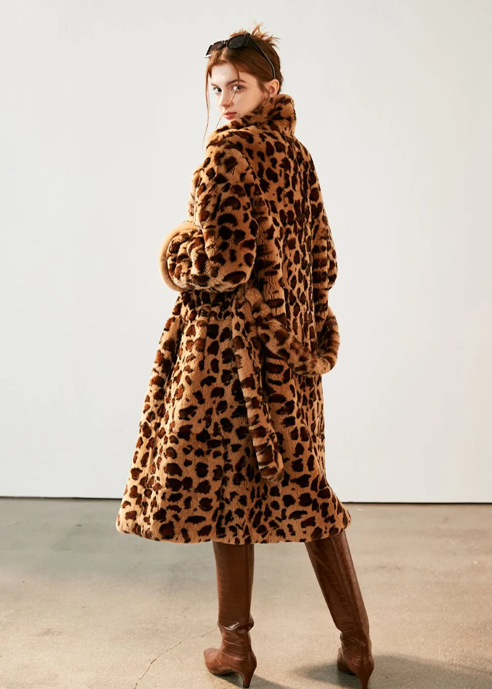 Leopard Belted Rex Rabbit Fur Coat