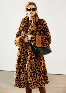 Leopard Belted Rex Rabbit Fur Coat