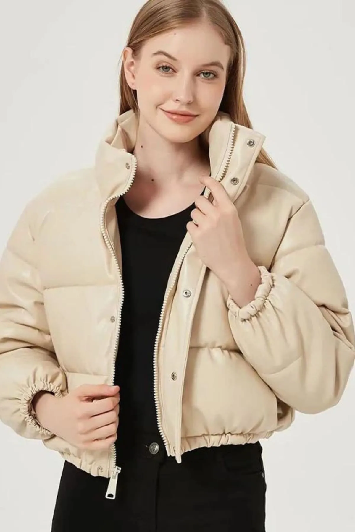 Light Beige Puffer Windbreaker Faux Leather Crop Jacket