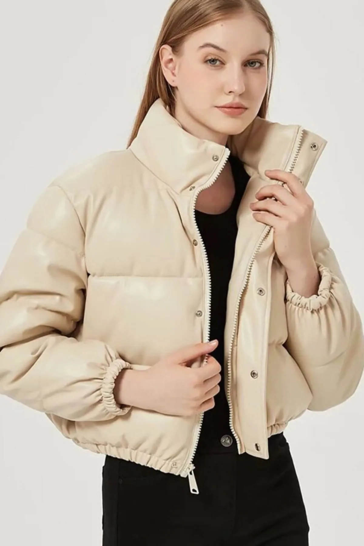 Light Beige Puffer Windbreaker Faux Leather Crop Jacket