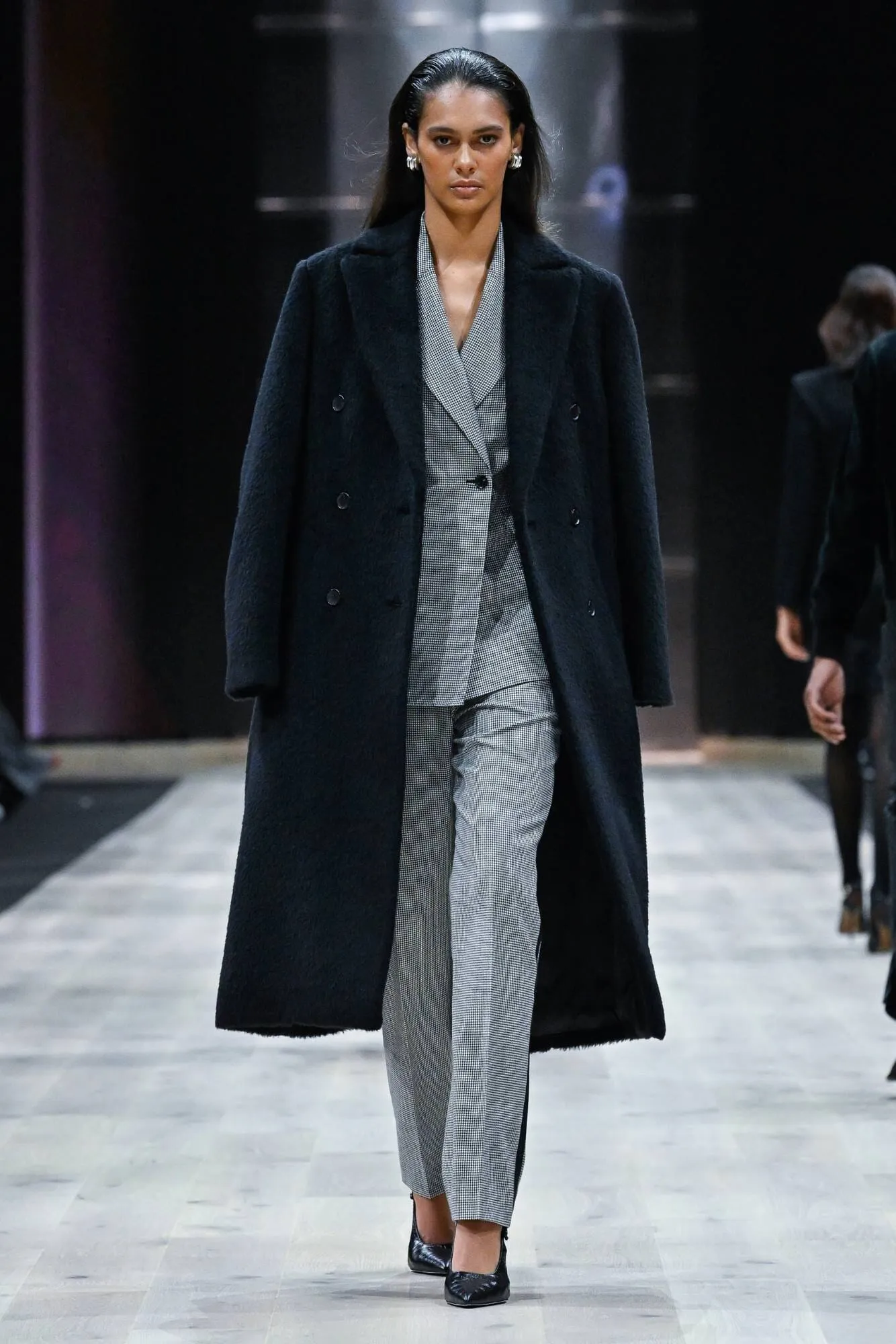 LOOK 3 - Valerie Black Alpaca Long Coat and Houndstooth Alexis DB Suit