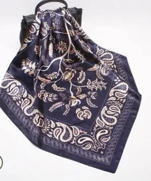 Navy Paisley Square Satin Silky Scarf