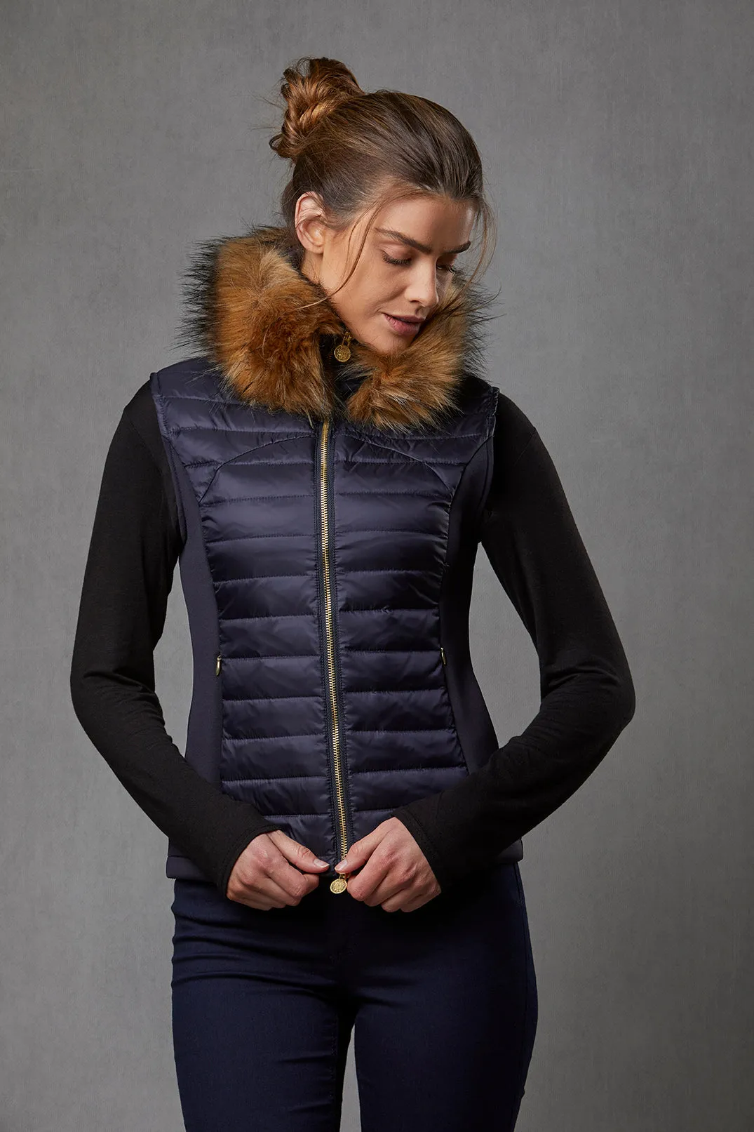 Navy Puffer Gilet - Luxe Faux Fur Collar - 60% OFF