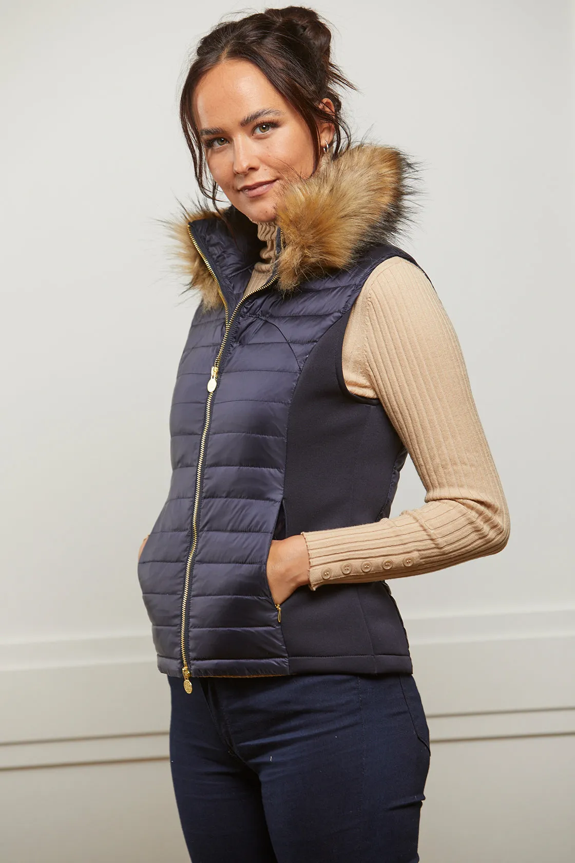 Navy Puffer Gilet - Luxe Faux Fur Collar - 60% OFF