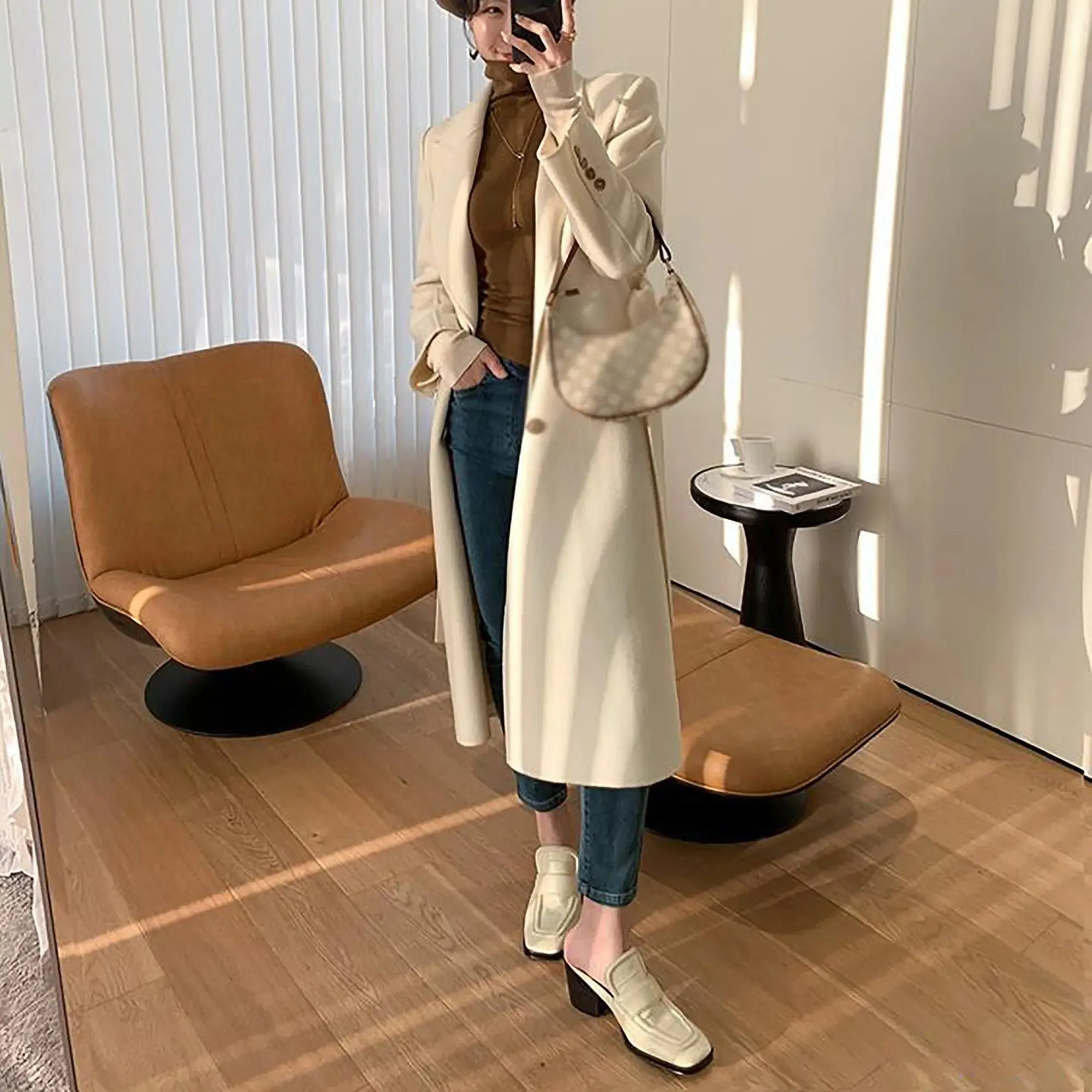 Off White Wool Blend Double Breasted Belted Coat