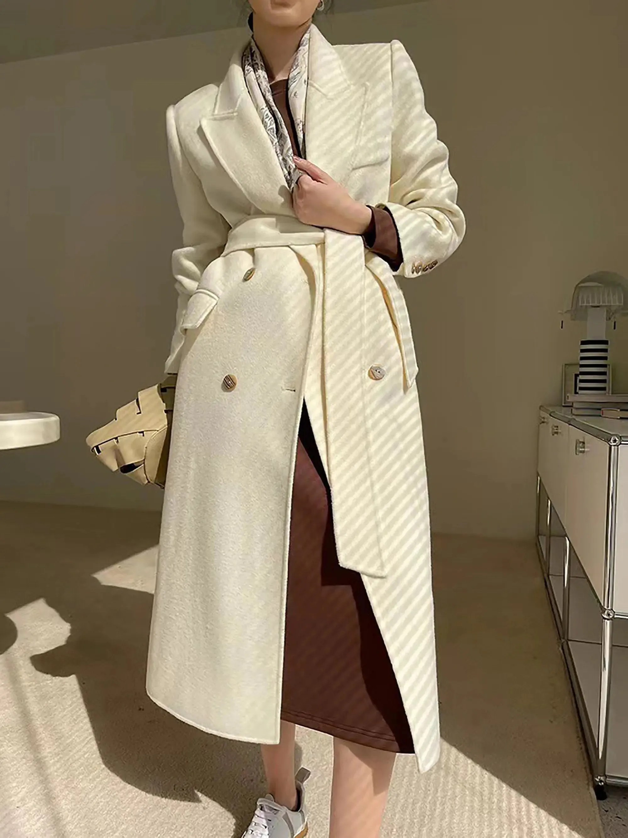 Off White Wool Blend Double Breasted Belted Coat