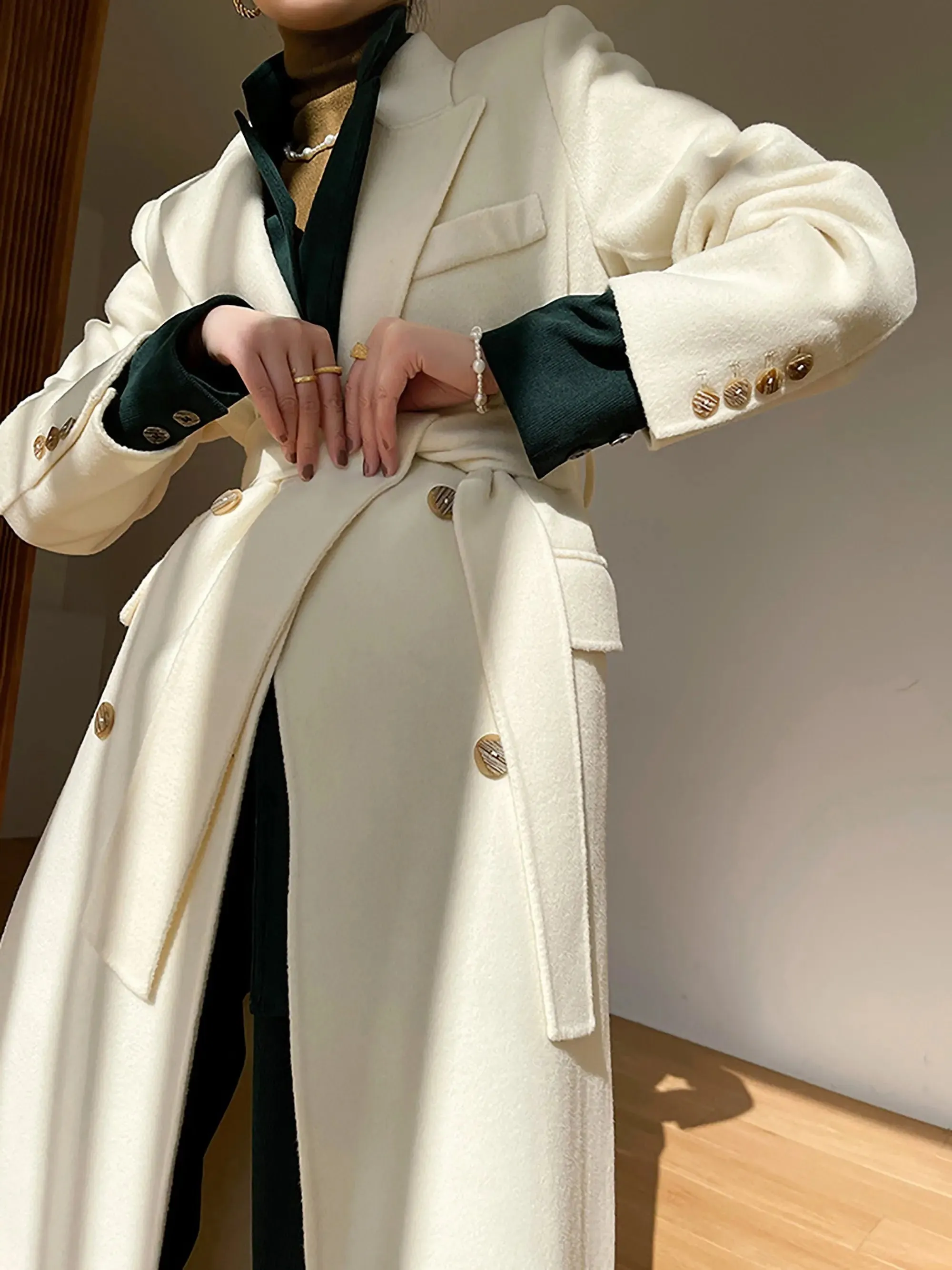 Off White Wool Blend Double Breasted Belted Coat