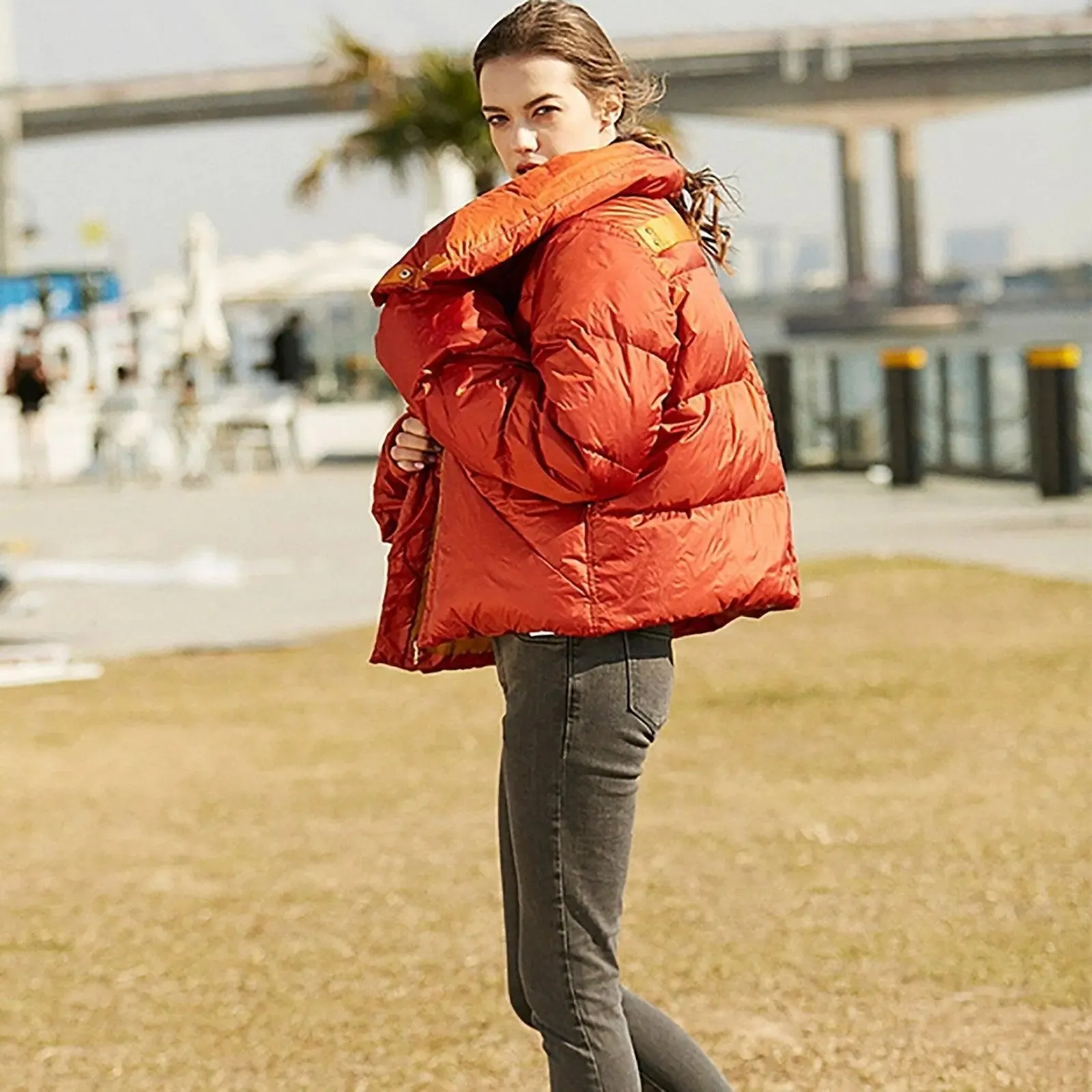 Orange High Neck Down Puffer Jacket