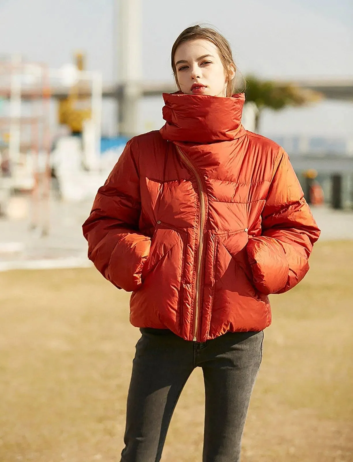 Orange High Neck Down Puffer Jacket