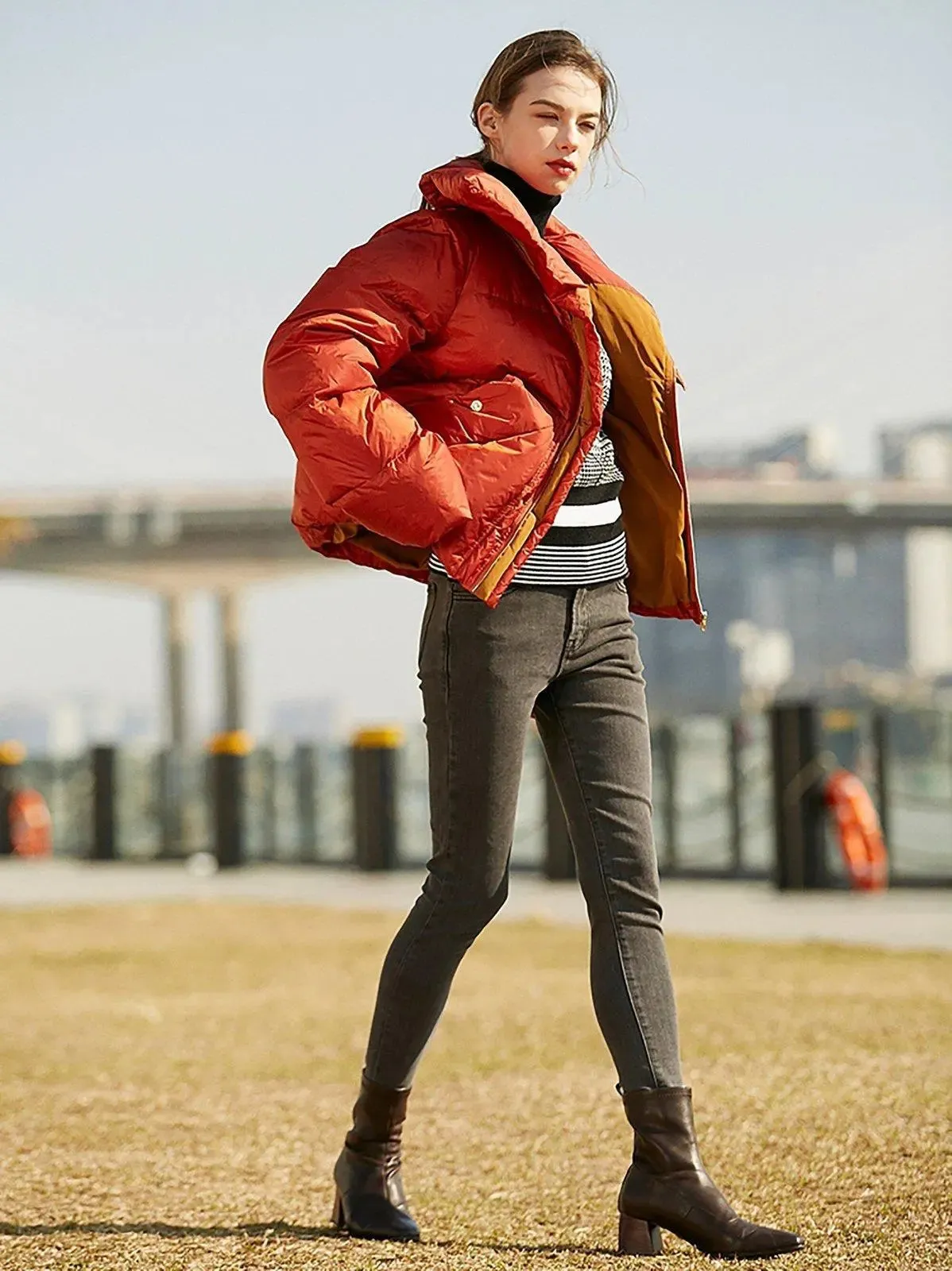 Orange High Neck Down Puffer Jacket