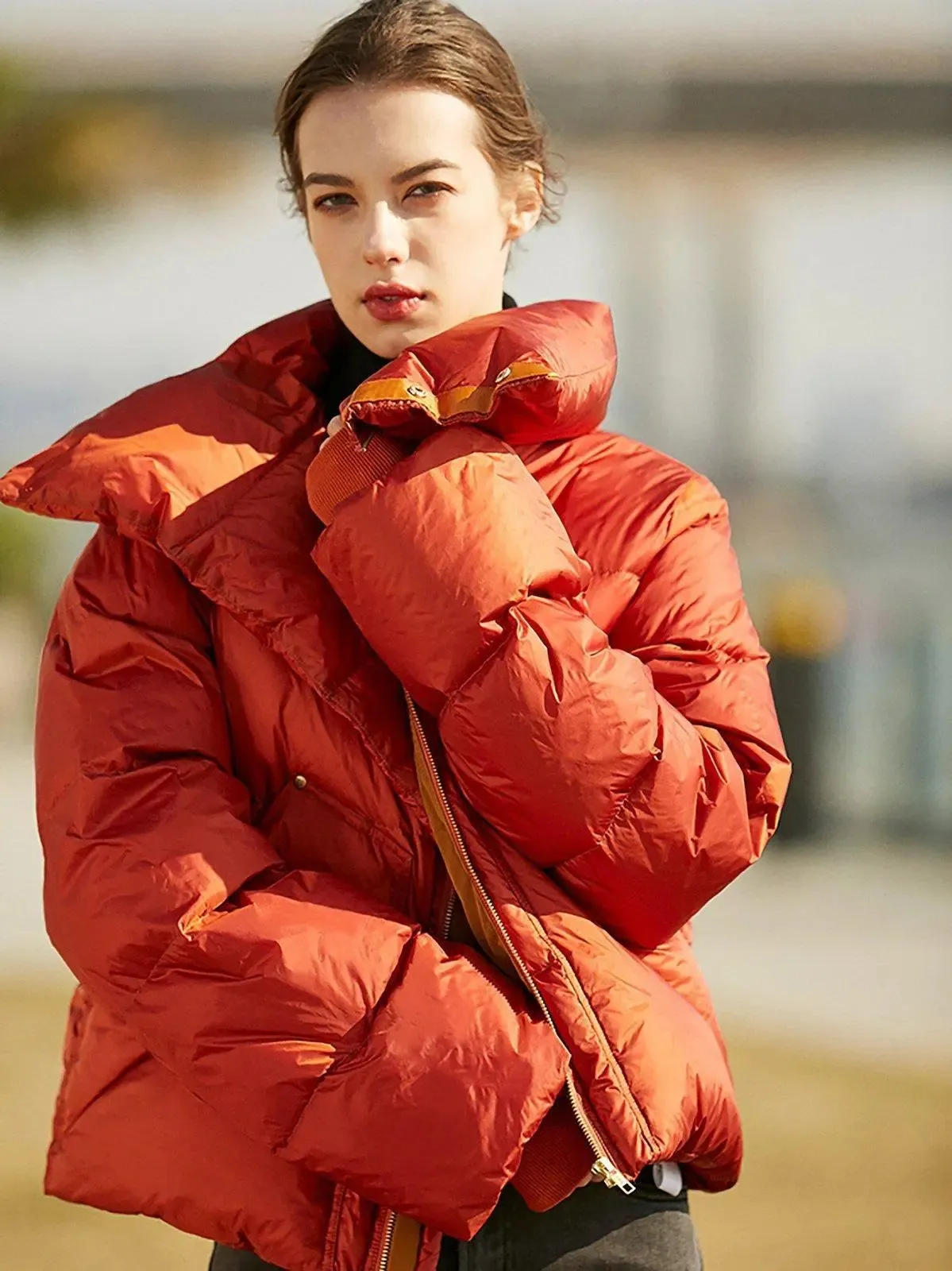 Orange High Neck Down Puffer Jacket