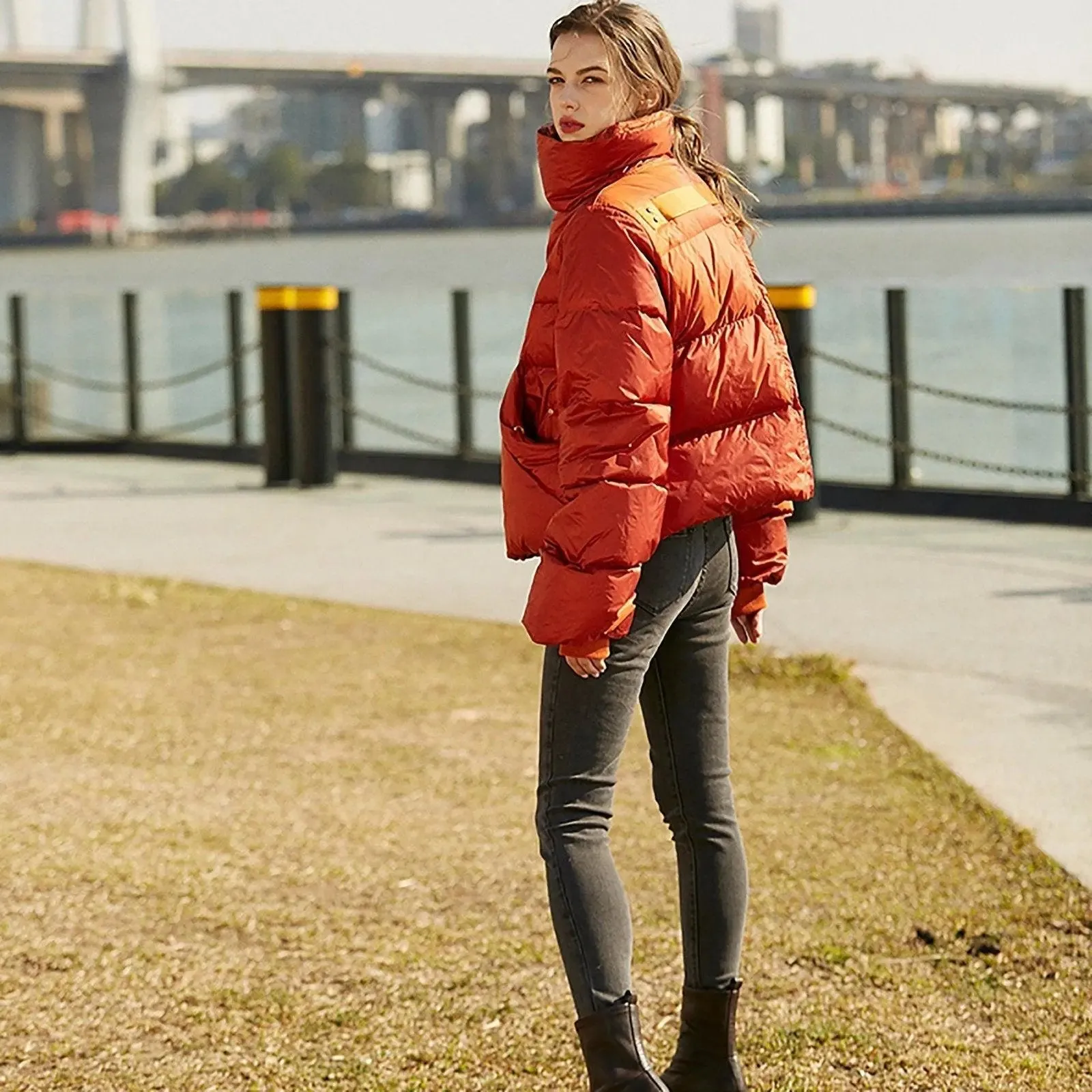 Orange High Neck Down Puffer Jacket