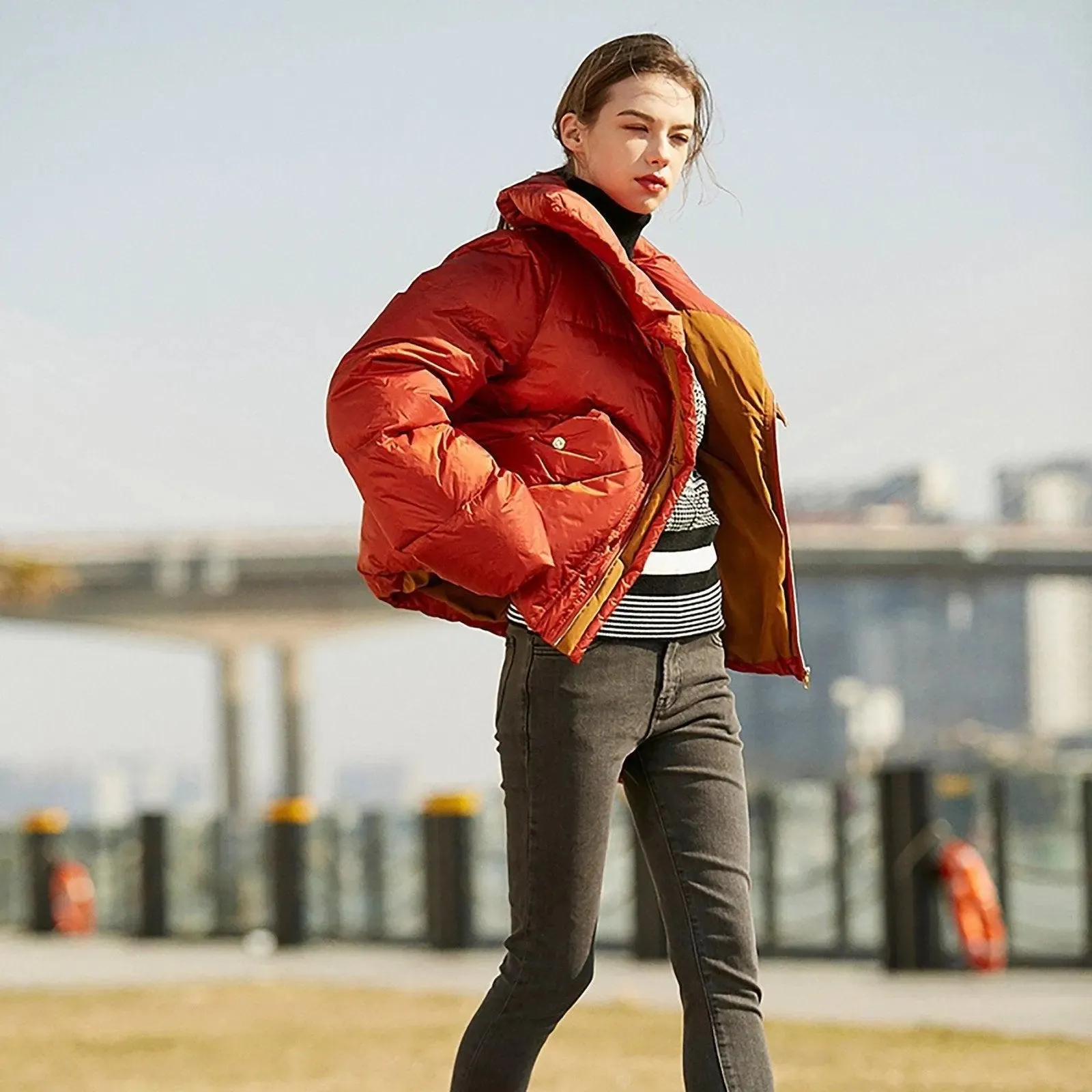 Orange High Neck Down Puffer Jacket