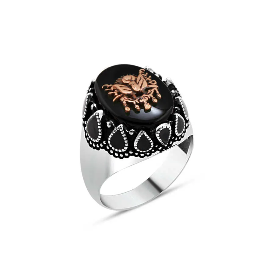 Ottoman Empire Coat of Arms on Black Ellipse Onyx Stone Silver Men's Ring with Teardrops Around