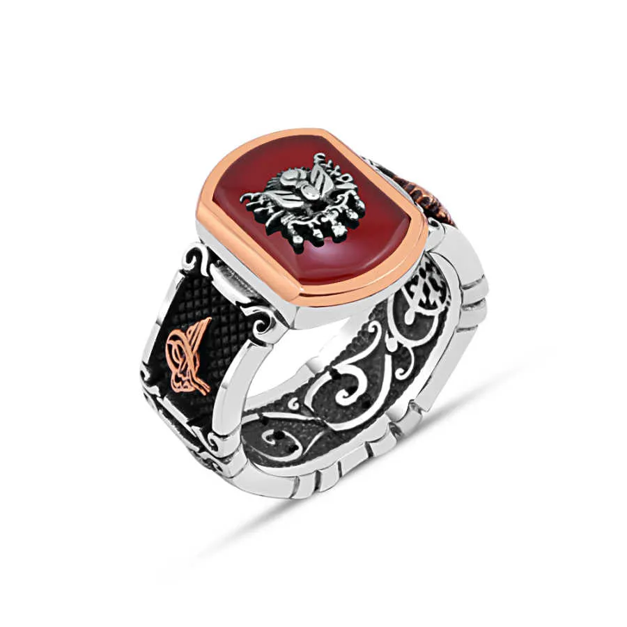 Ottoman State Coat of Arms on Red Stadium Shape Agate Stone Silver Men's Ring Siding Ottoman Tughra