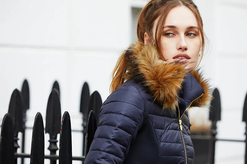 Puffer Coat Navy - Luxe Faux Fur Collar - 50% OFF