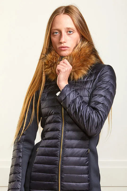 Puffer Coat Navy - Luxe Faux Fur Collar - 50% OFF