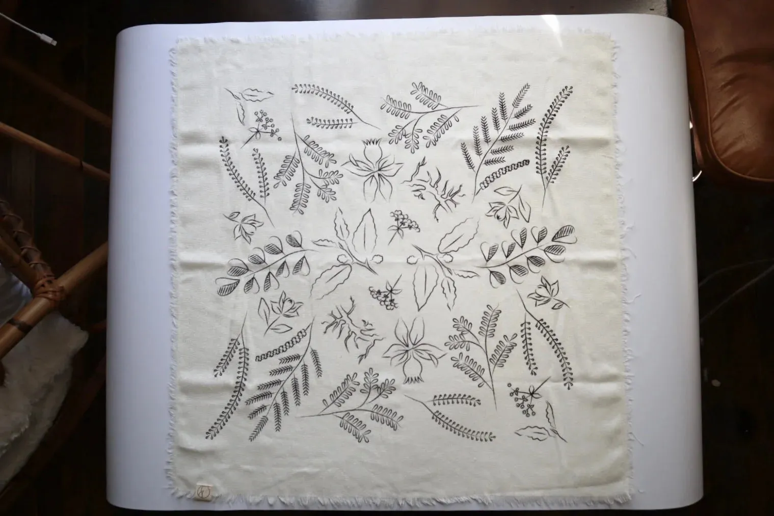 Raw Silk Bandana in Cream Botanical Print -Black Ink