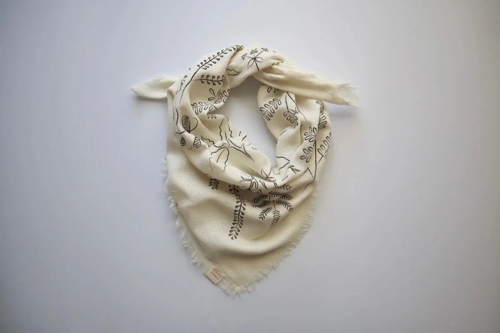 Raw Silk Bandana in Cream Botanical Print -Black Ink