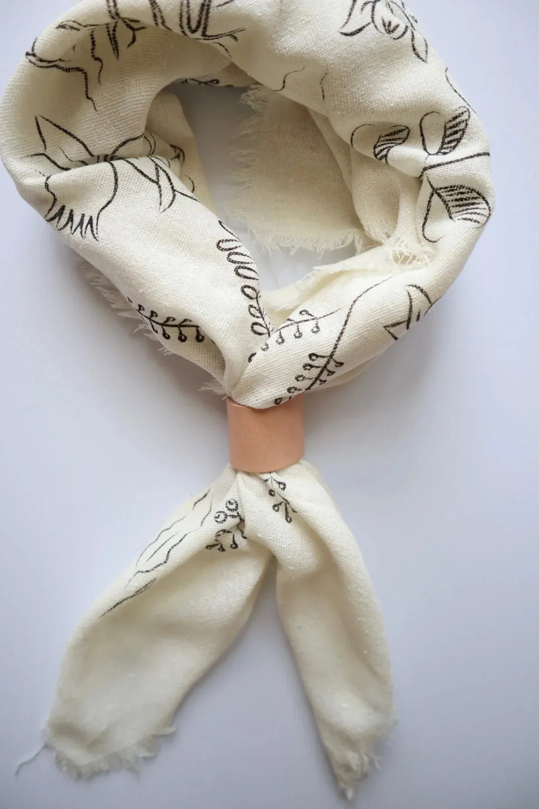 Raw Silk Bandana in Cream Botanical Print -Black Ink