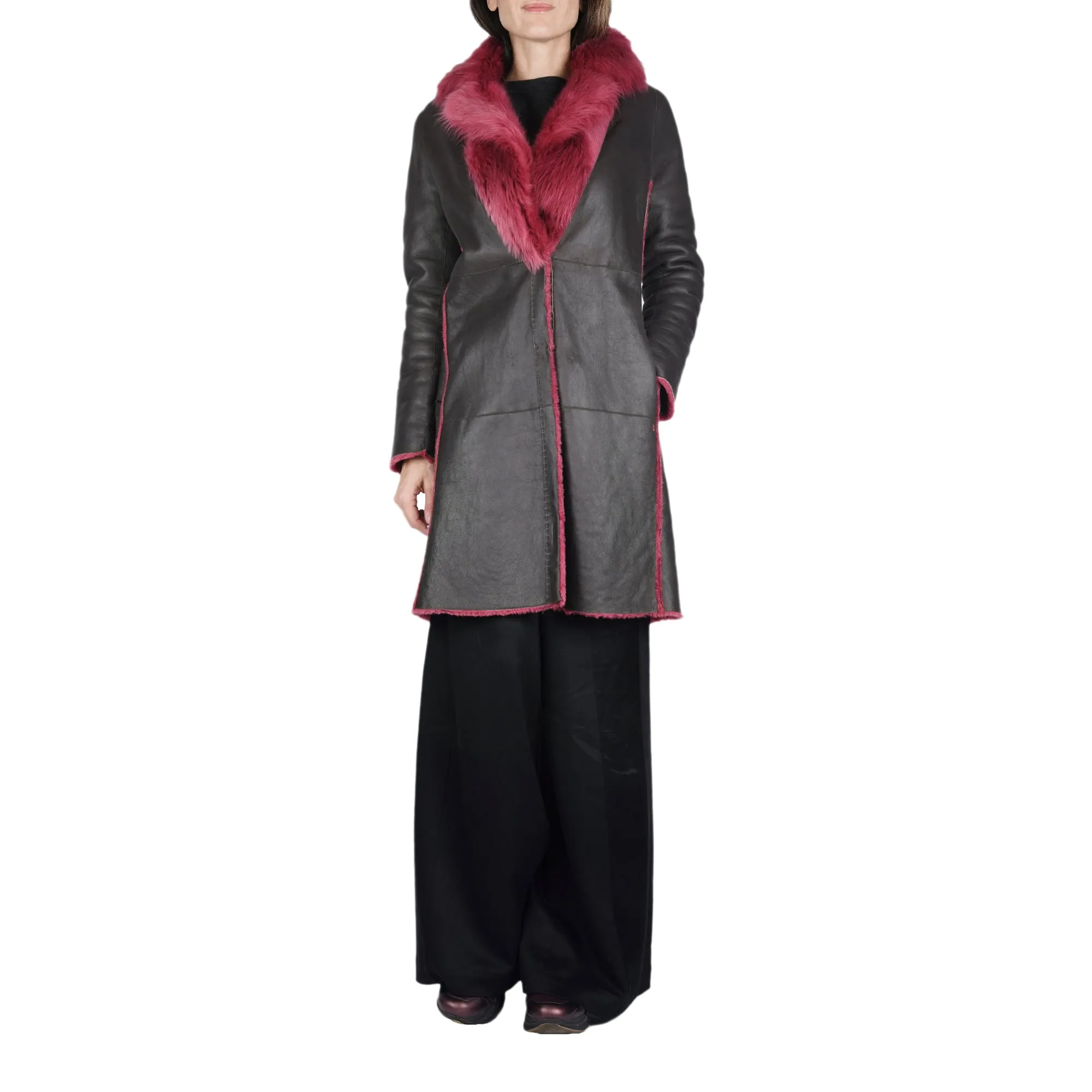 Reversible Shearling Coat Dark Brown / Red