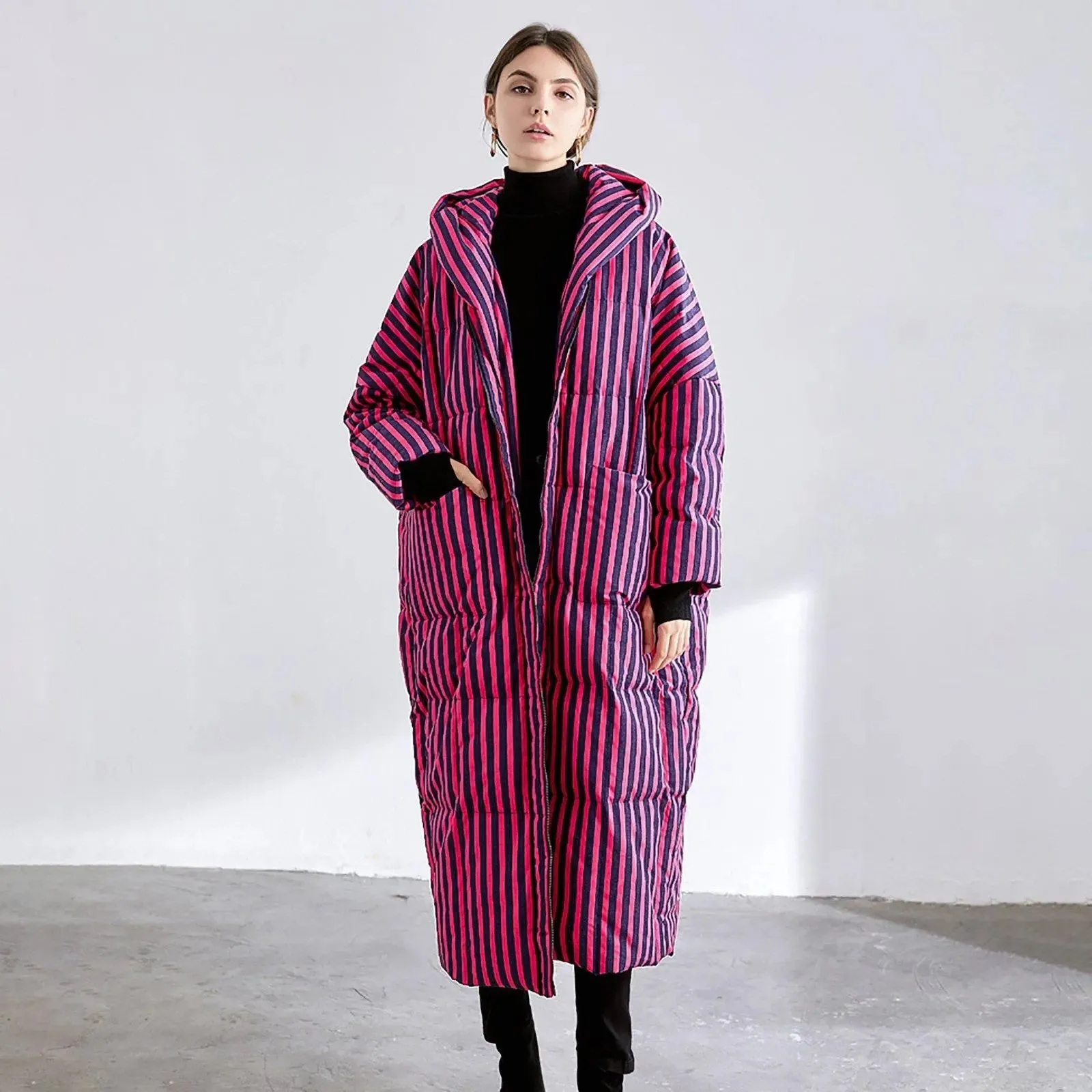 Striped Hooded Down Feather Puffer Midi Long Coat