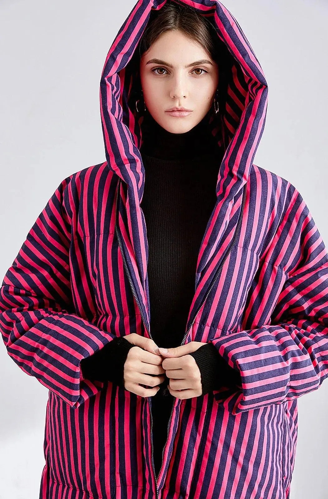 Striped Hooded Down Feather Puffer Midi Long Coat