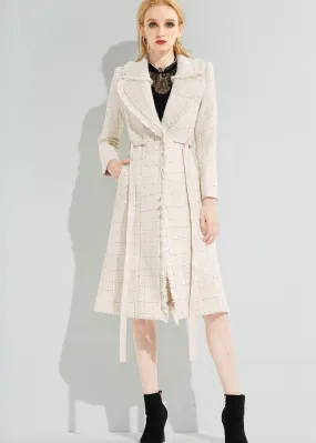 Tassel Hem Belted Wool Blend Tweed Coat