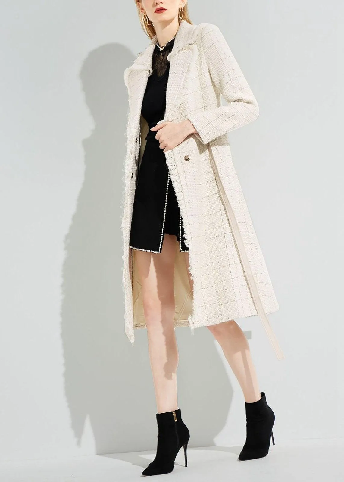 Tassel Hem Belted Wool Blend Tweed Coat