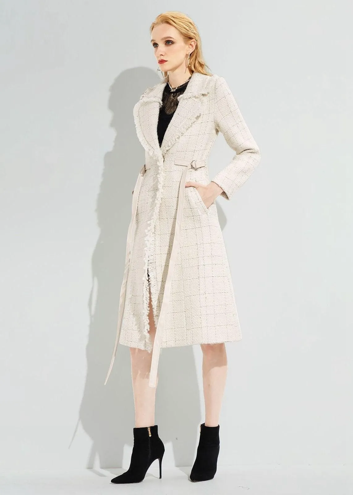 Tassel Hem Belted Wool Blend Tweed Coat